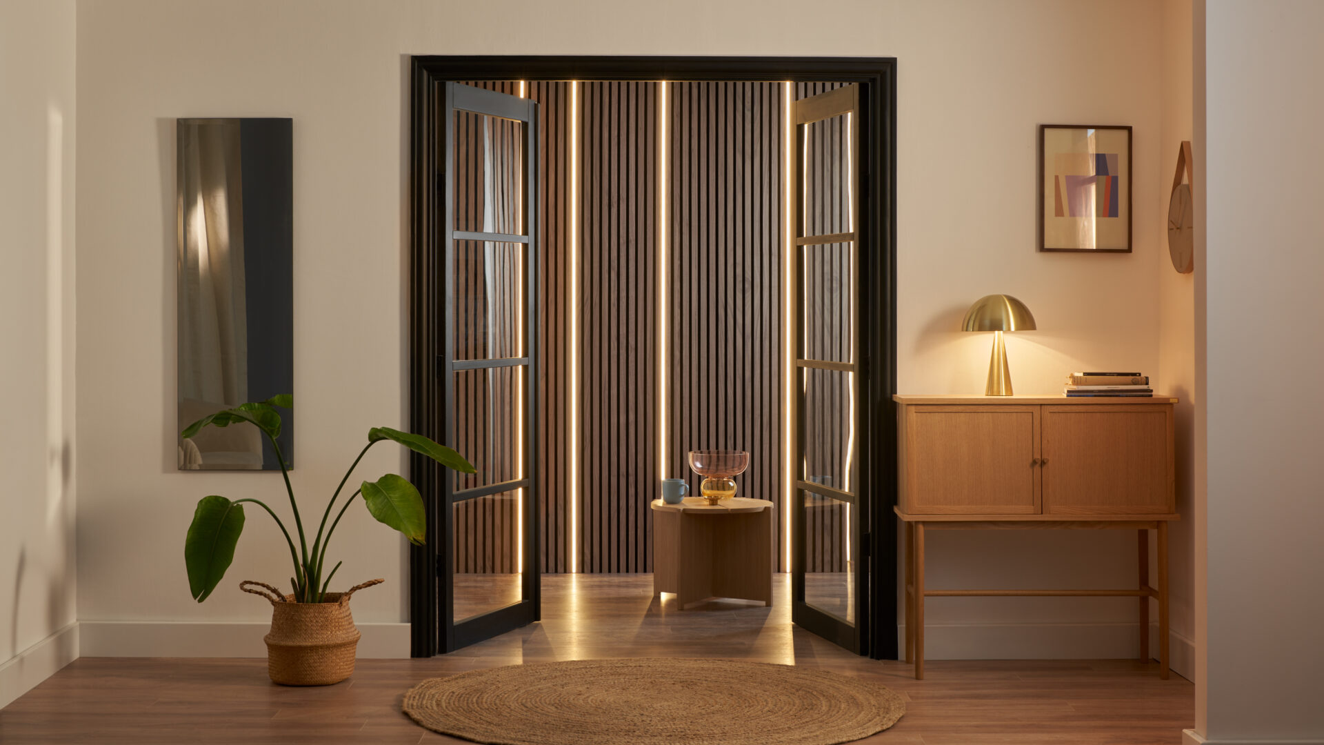 Room set lifestyle wood veneer hub lighting